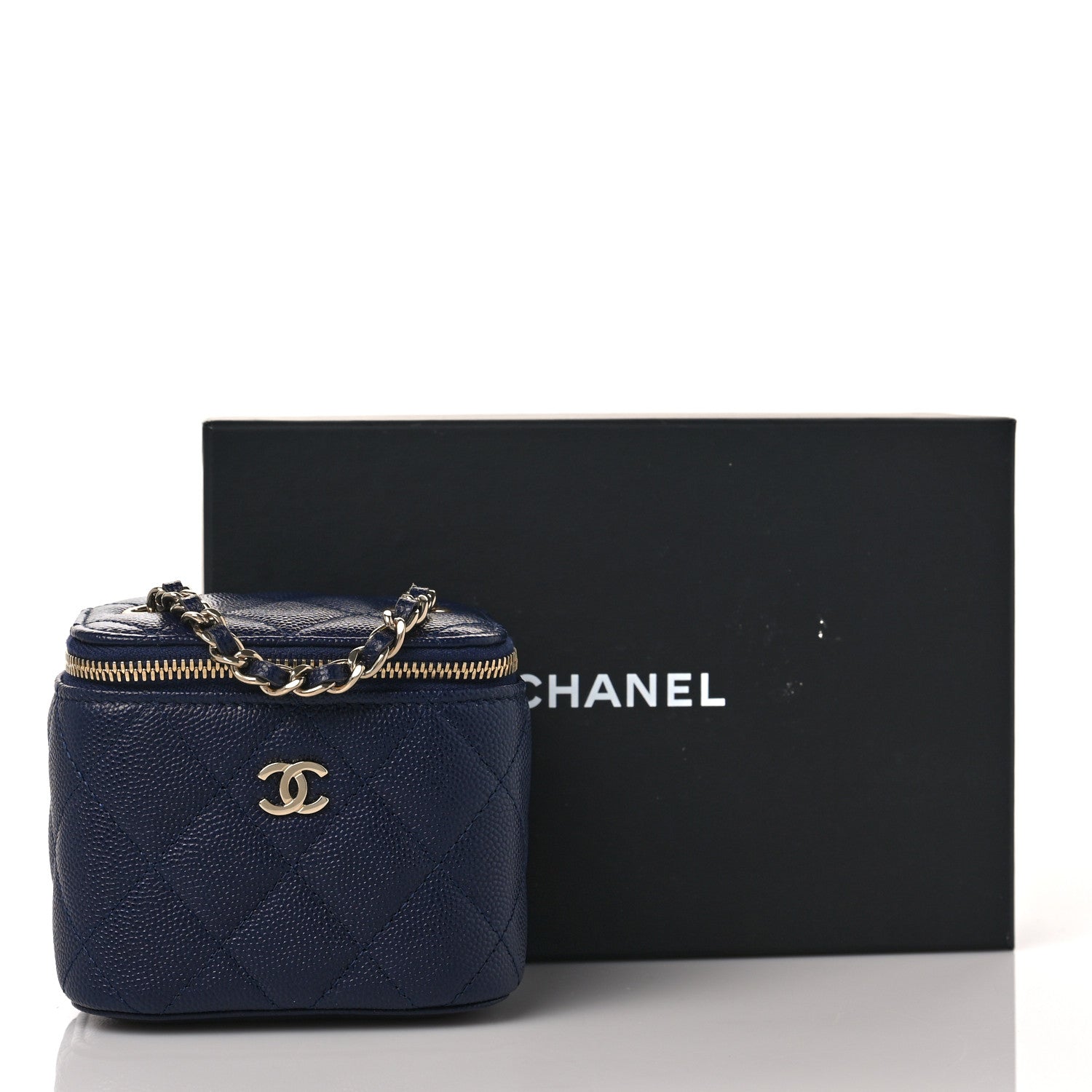 Chanel Caviar Quilted Mini Vanity Case With Chain Navy Blue 11 of 11