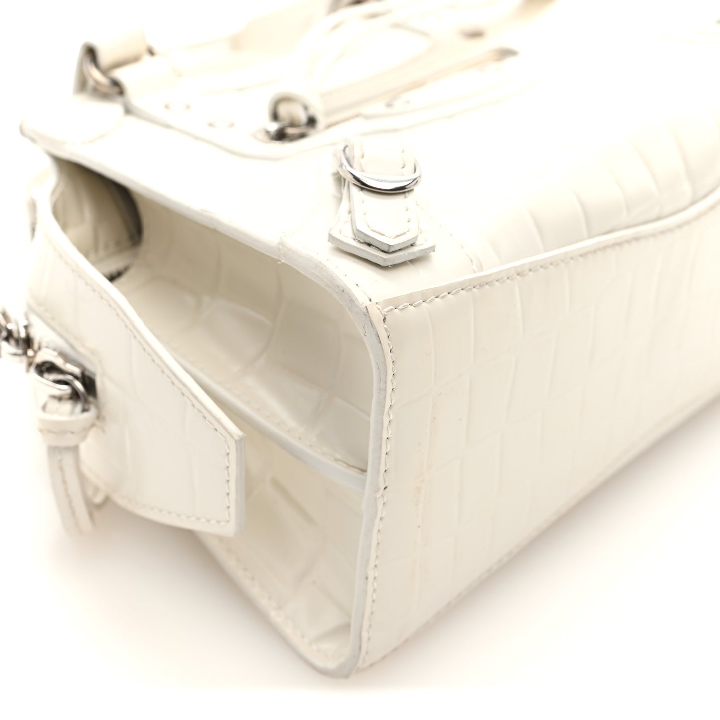 Semi Shiny Calfskin Crocodile Embossed Neo Classic Silver Hardware Mini City White