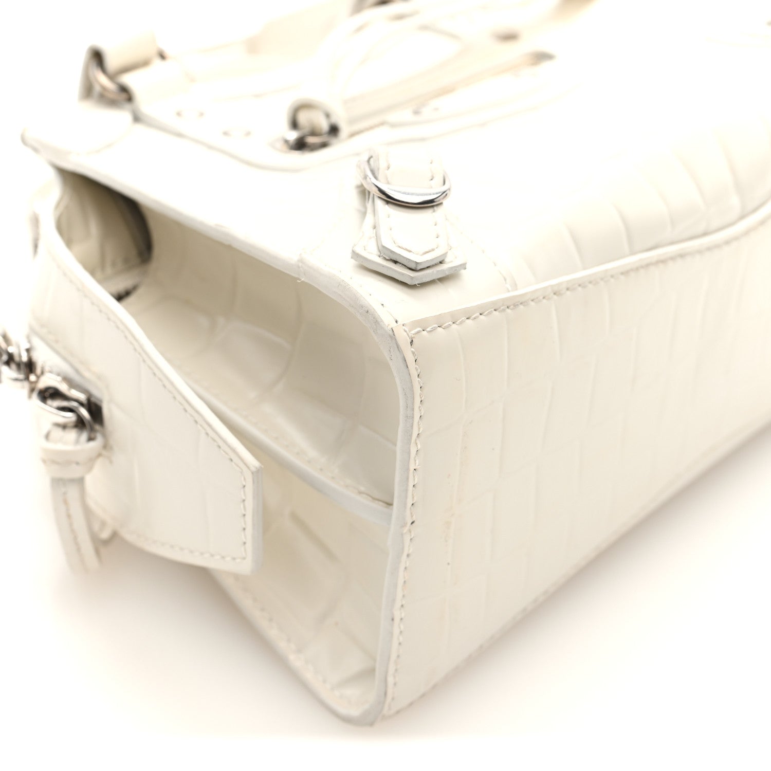 Balenciaga Semi Shiny Calfskin Crocodile Embossed Neo Classic Silver Hardware Mini City White 8 of 10
