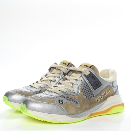 Gucci Metallic Calfskin Suede Mens Ultrapace Sneakers 8.5 Silver Oatmeal 3 of 8
