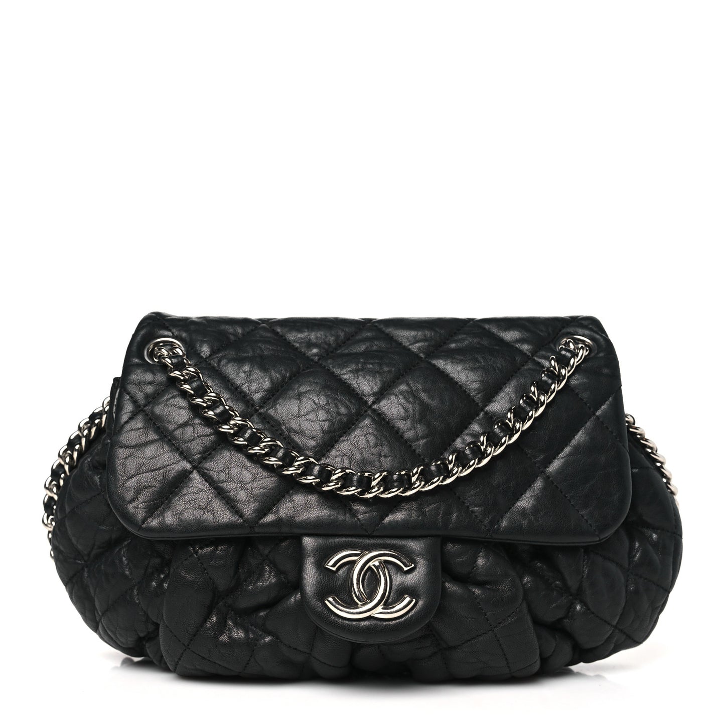 Washed Lambskin Quilted Medium Chain Around Messenger Black