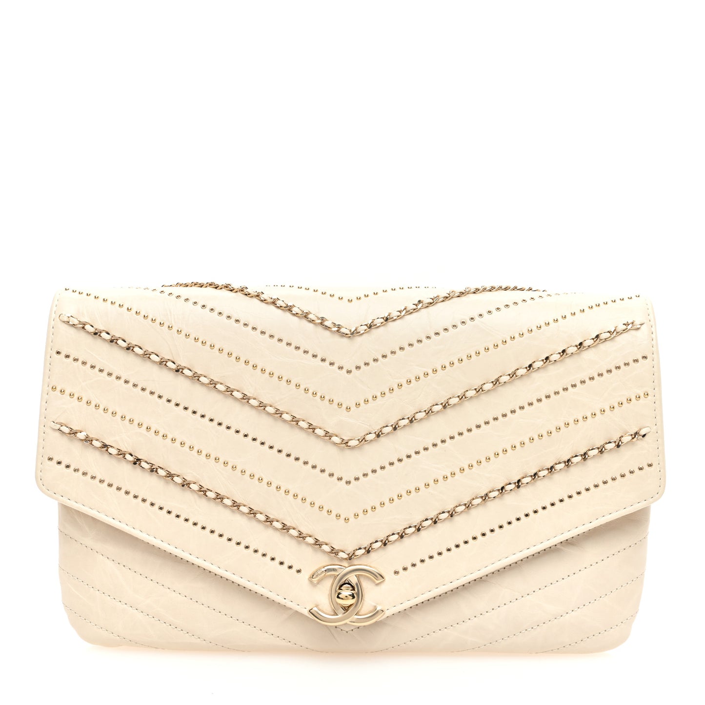 Crumpled Calfskin Chevron Envelope Clutch Ivory