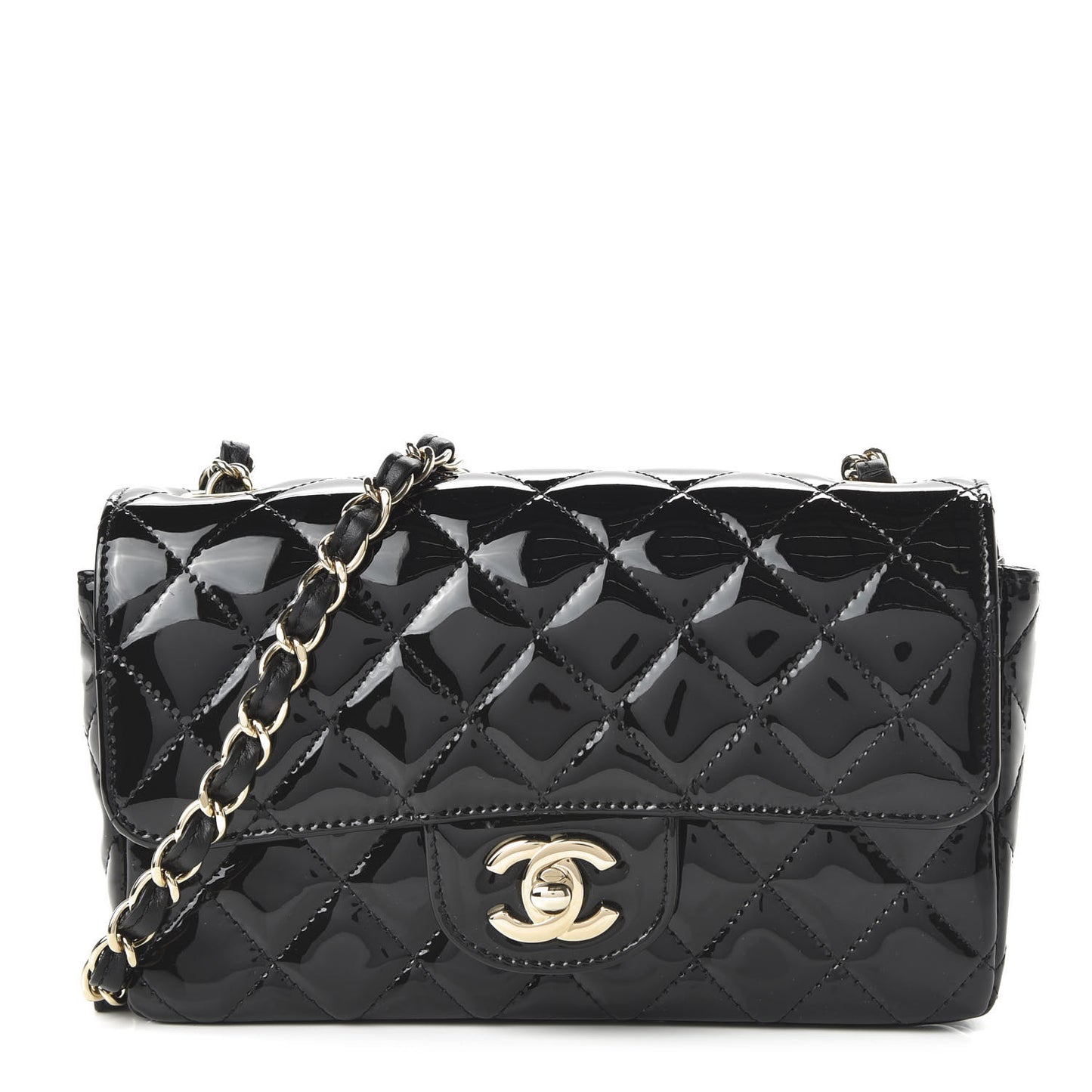 Patent Calfskin Quilted Mini Rectangular Flap Black