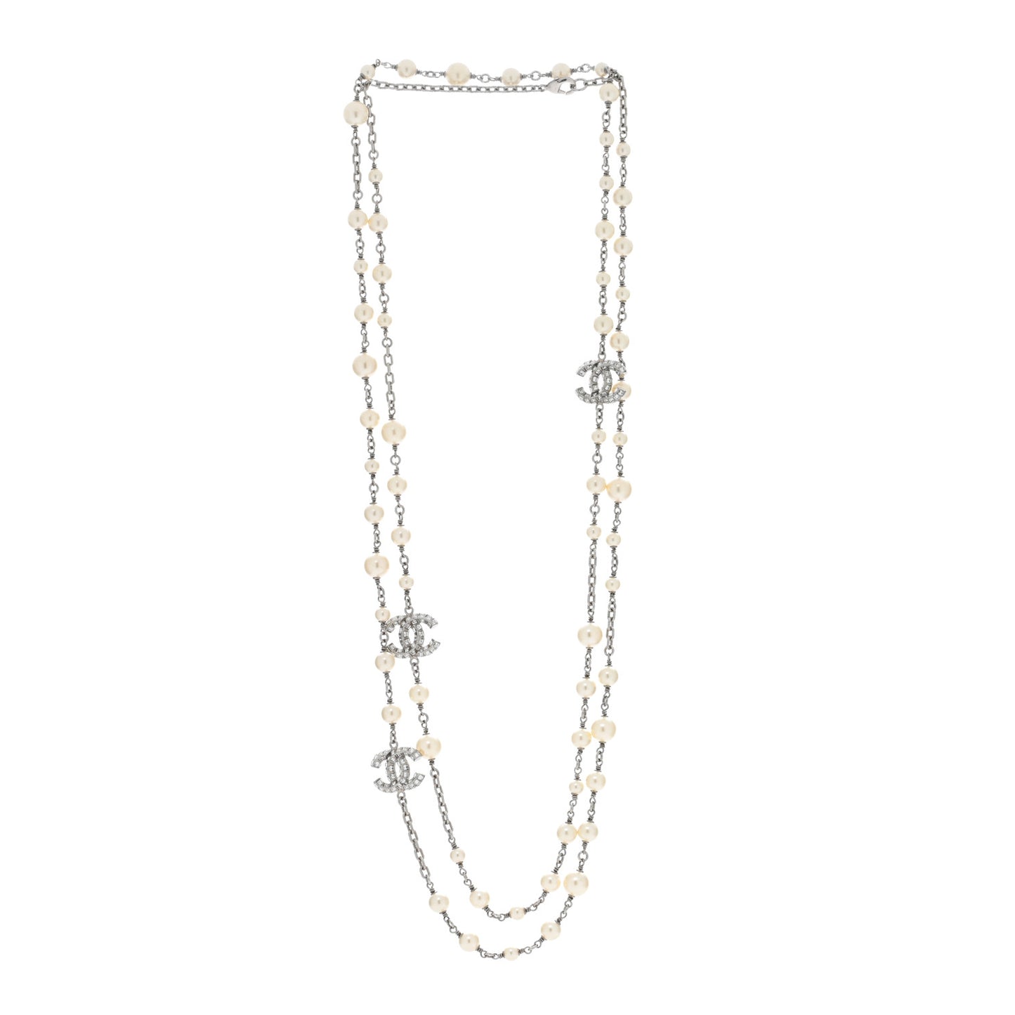 Pearl Baguette Crystal CC Long Necklace Silver