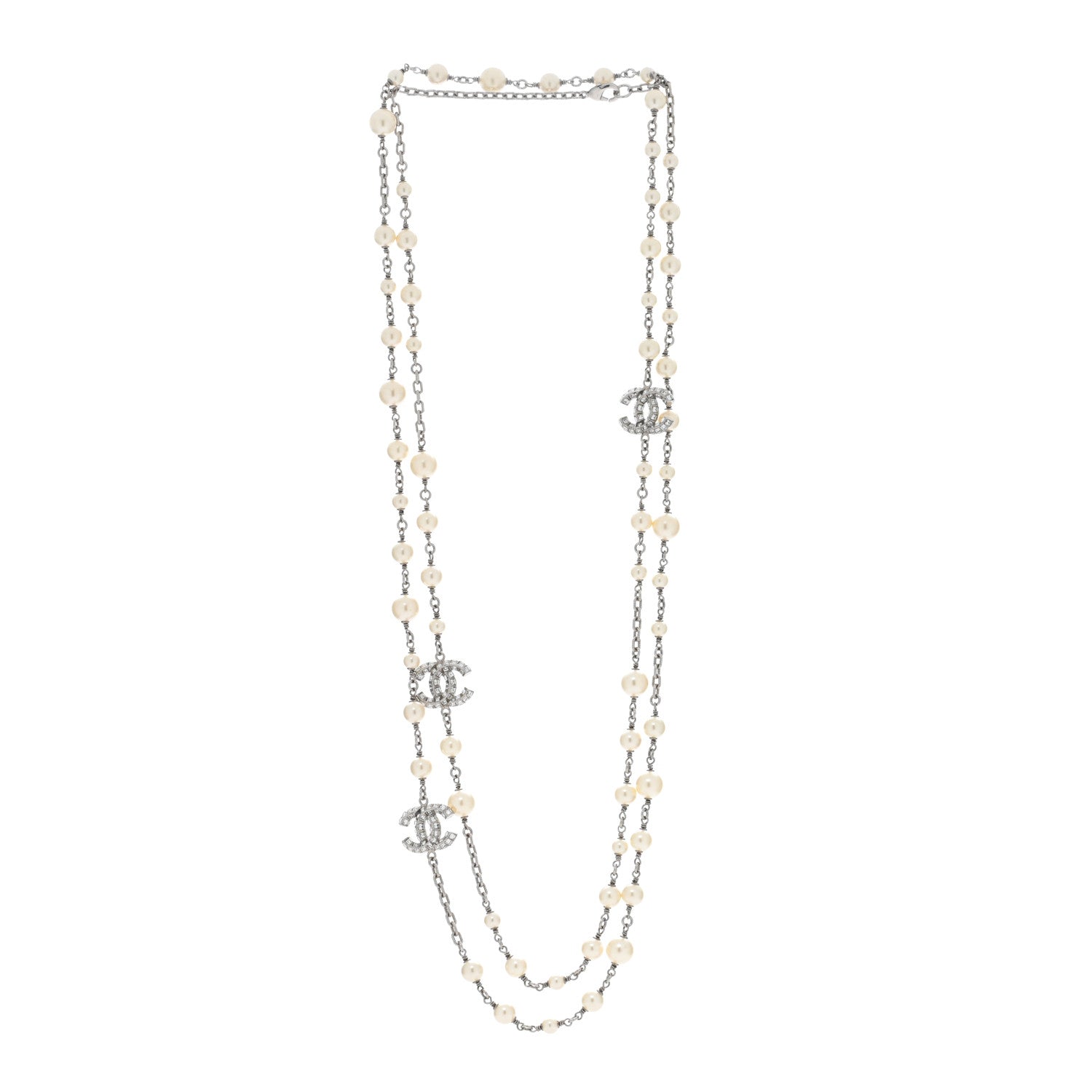 Chanel Pearl Baguette Crystal CC Long Necklace Silver 2 of 4