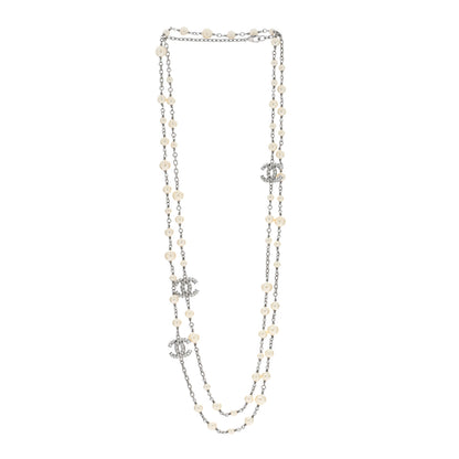 Chanel Pearl Baguette Crystal CC Long Necklace Silver 2 of 4