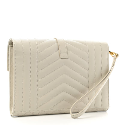Saint Laurent Grain De Poudre Textured Mixed Matelasse Triquilt Monogram Clutch Blanc Vintage 3 of 8