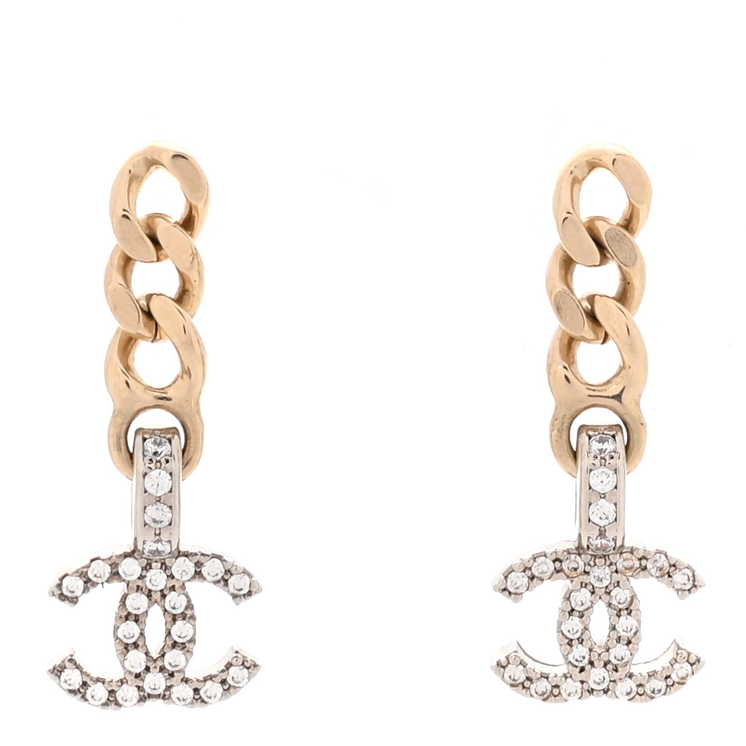 Chanel Metal Crystal CC Chain Drop Earrings Gold 1 of 5