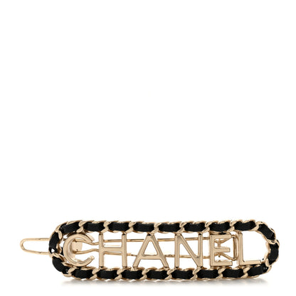 Chanel Metal Lambskin Vintage Allure Logo Hair Clip Black Gold 1 of 4