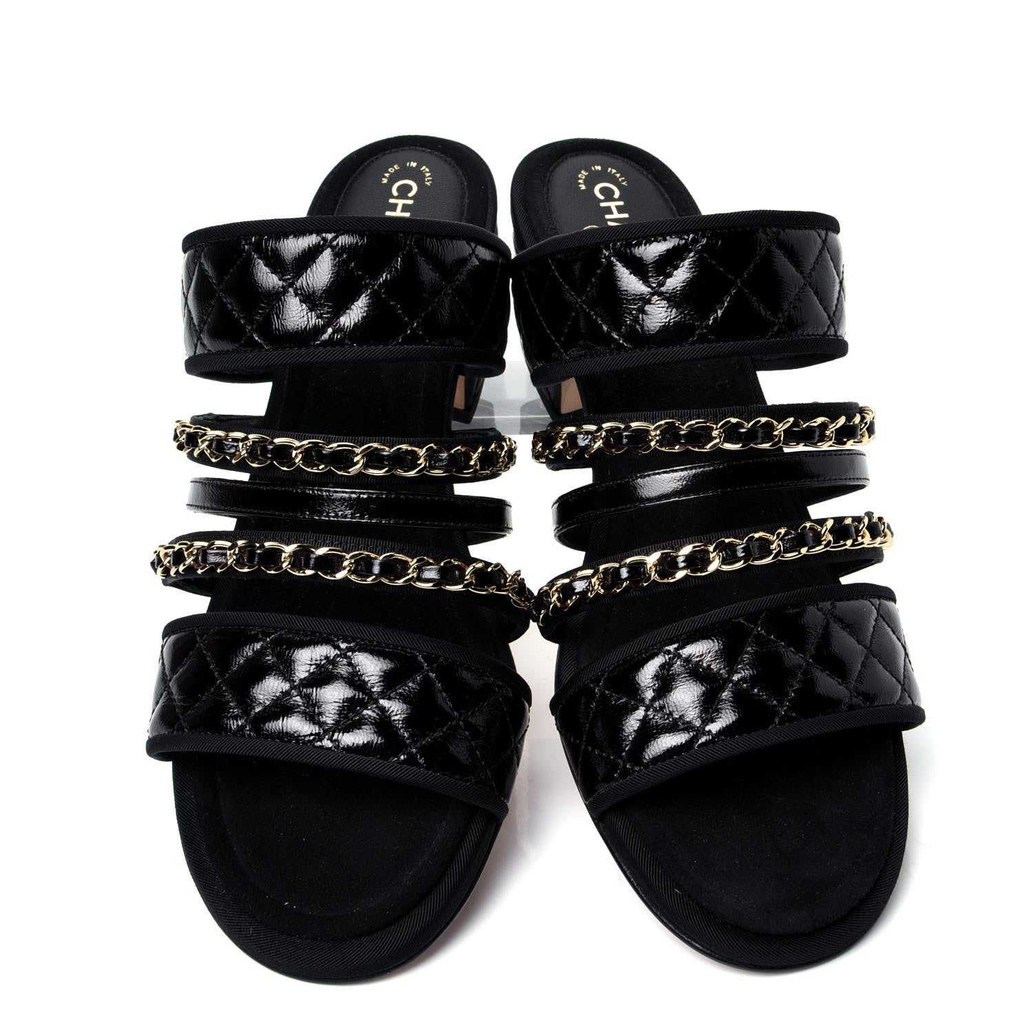 Chanel Distressed Patent Quilted Chain Mule Sandals 37 Black 5 of 11
