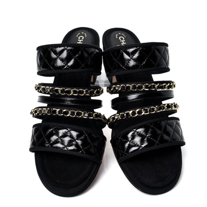 Chanel Distressed Patent Quilted Chain Mule Sandals 37 Black 5 of 11