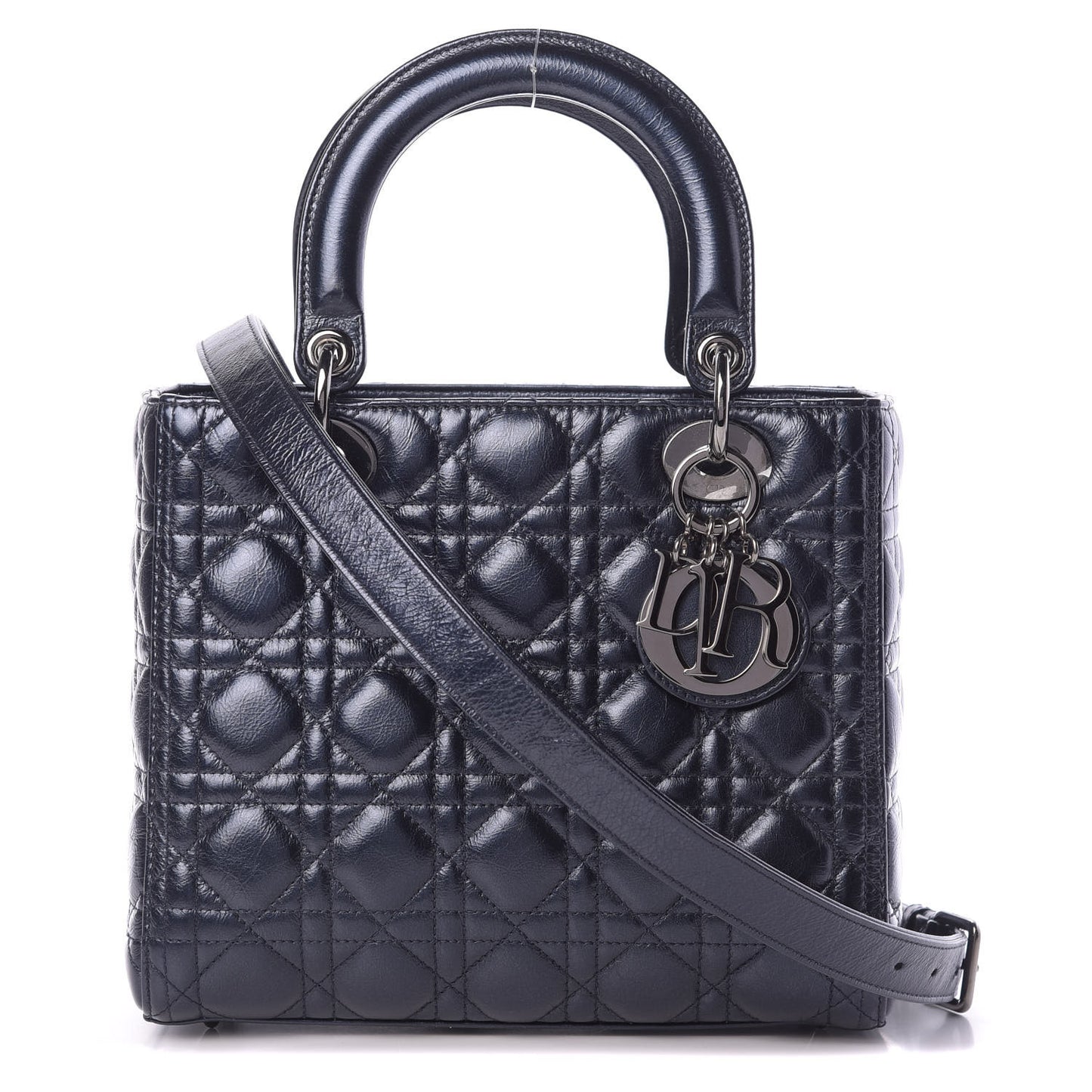 Metallic Lambskin Cannage Medium Lady Dior Navy Blue