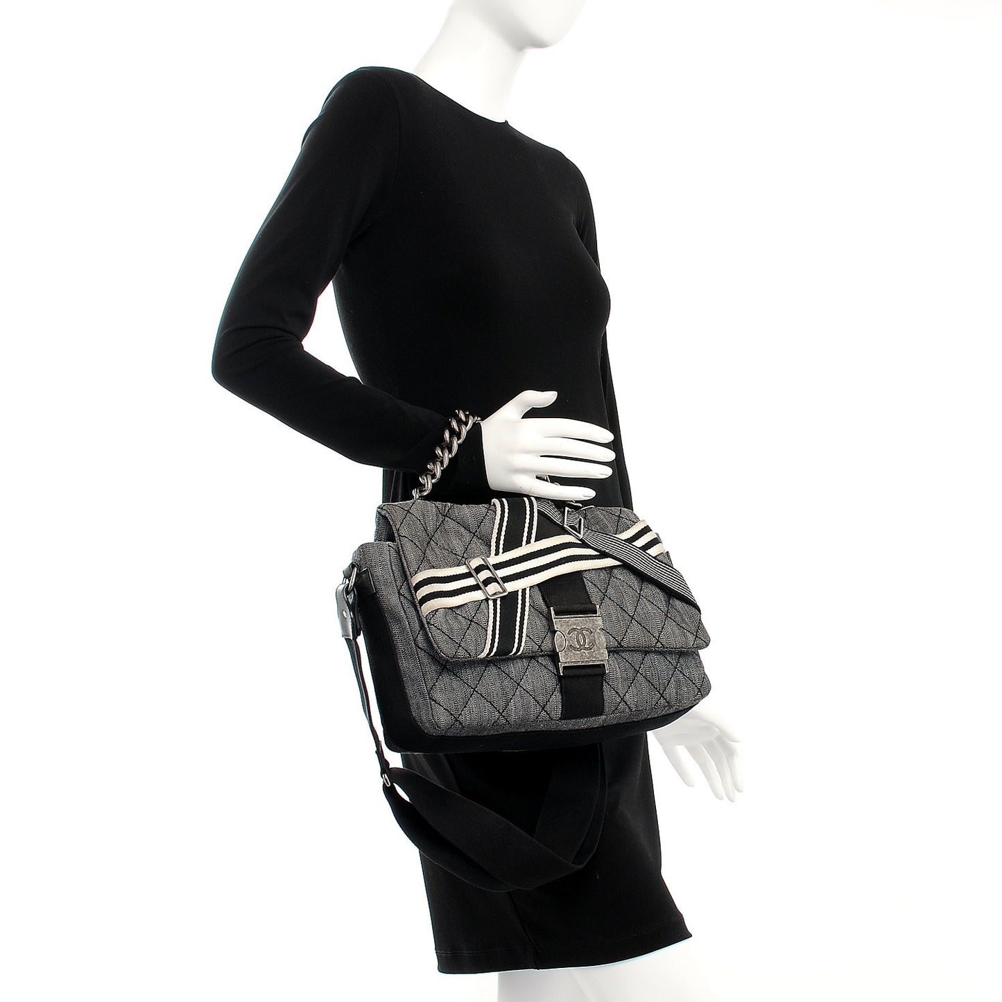 Denim Toile Quilted Belt Flap Black White