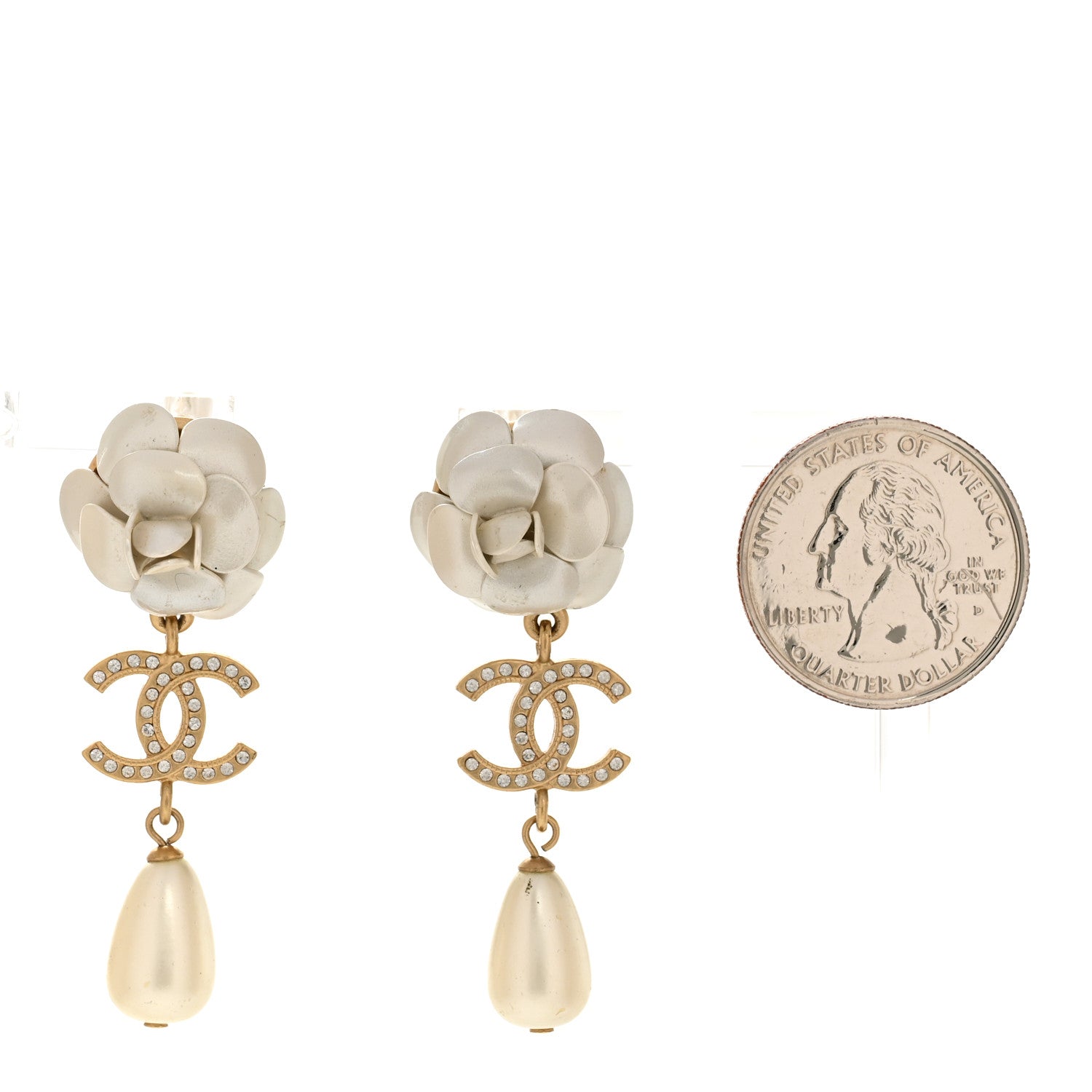 Chanel Metal Crystal Pearl 90s Camellia CC Drop Earrings Gold 2 of 5