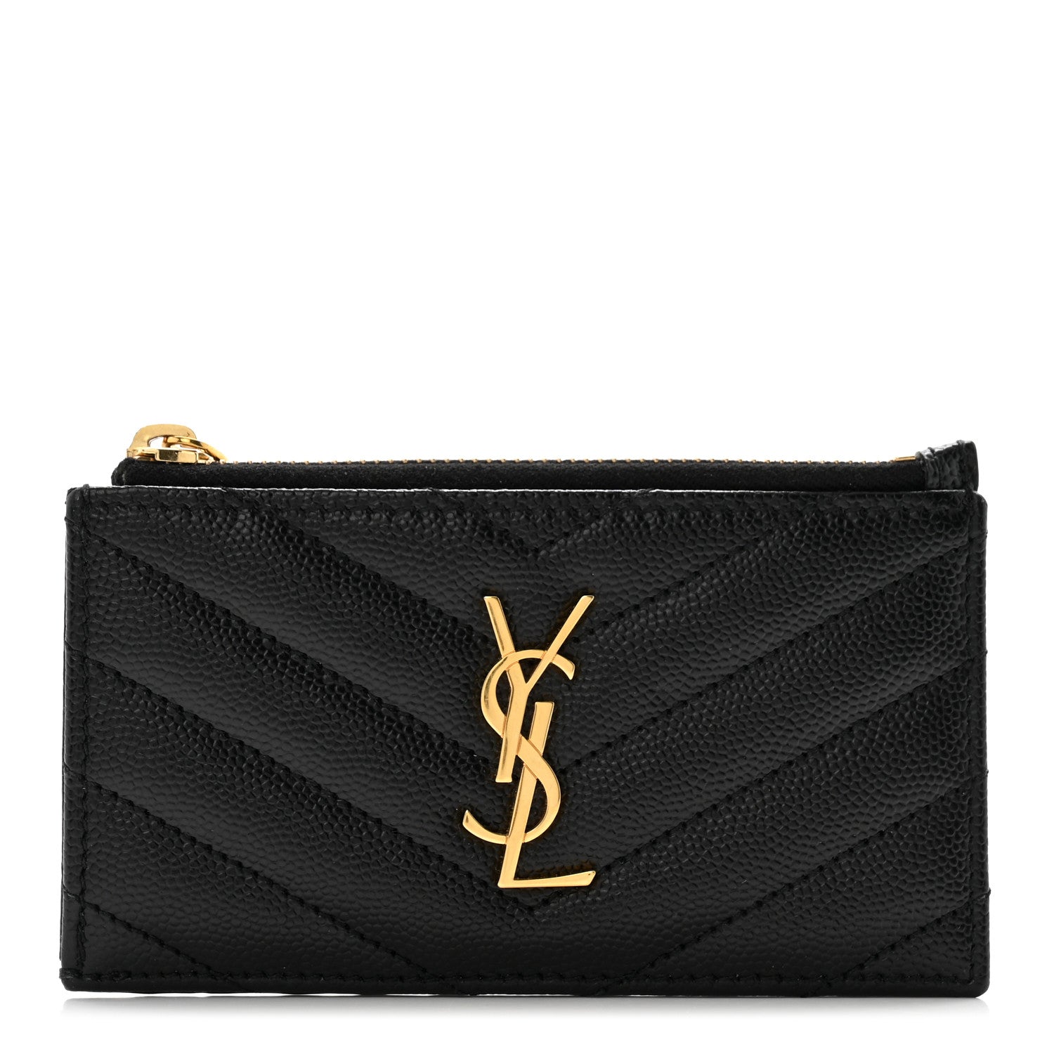 Saint Laurent Grain De Poudre Matelasse Chevron Monogram Fragments Zippered Card Case Black 1 of 10