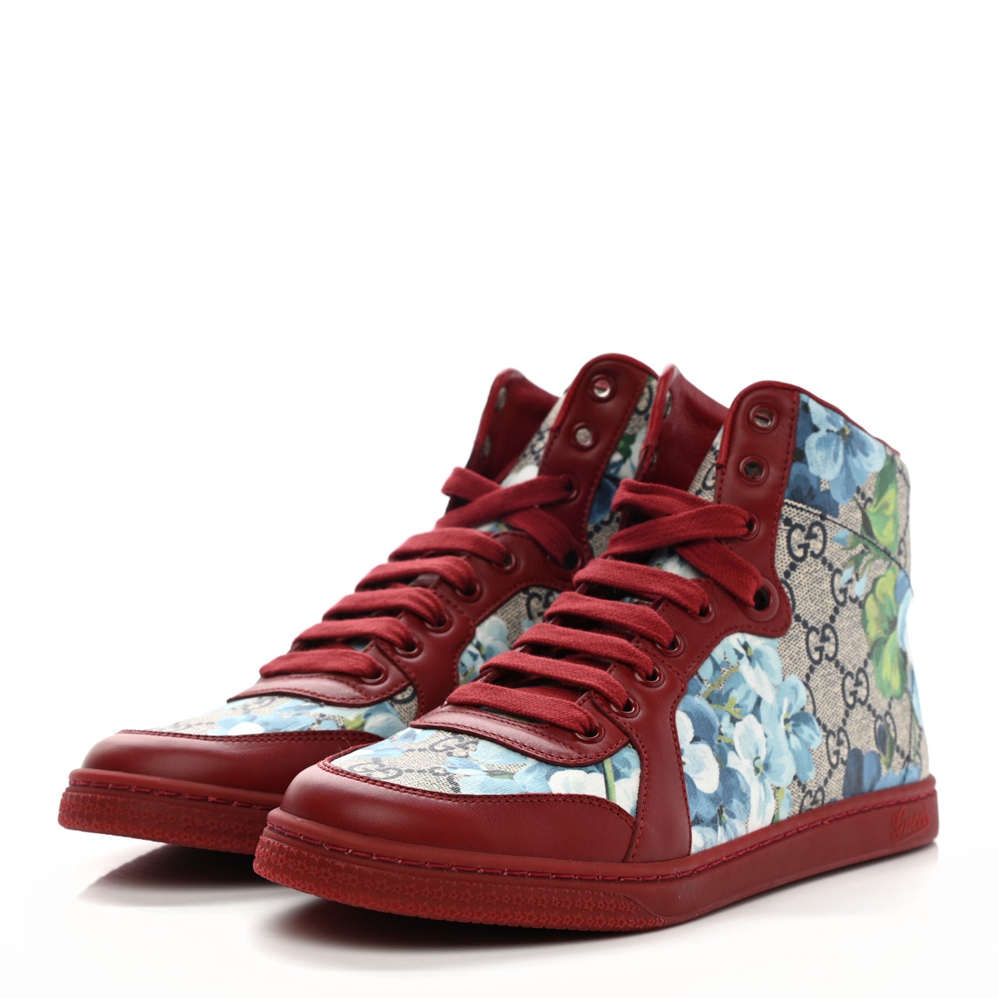 GG Supreme Monogram Blooms Womens High Top Sneakers 37.5 Beige Blue Navy Red