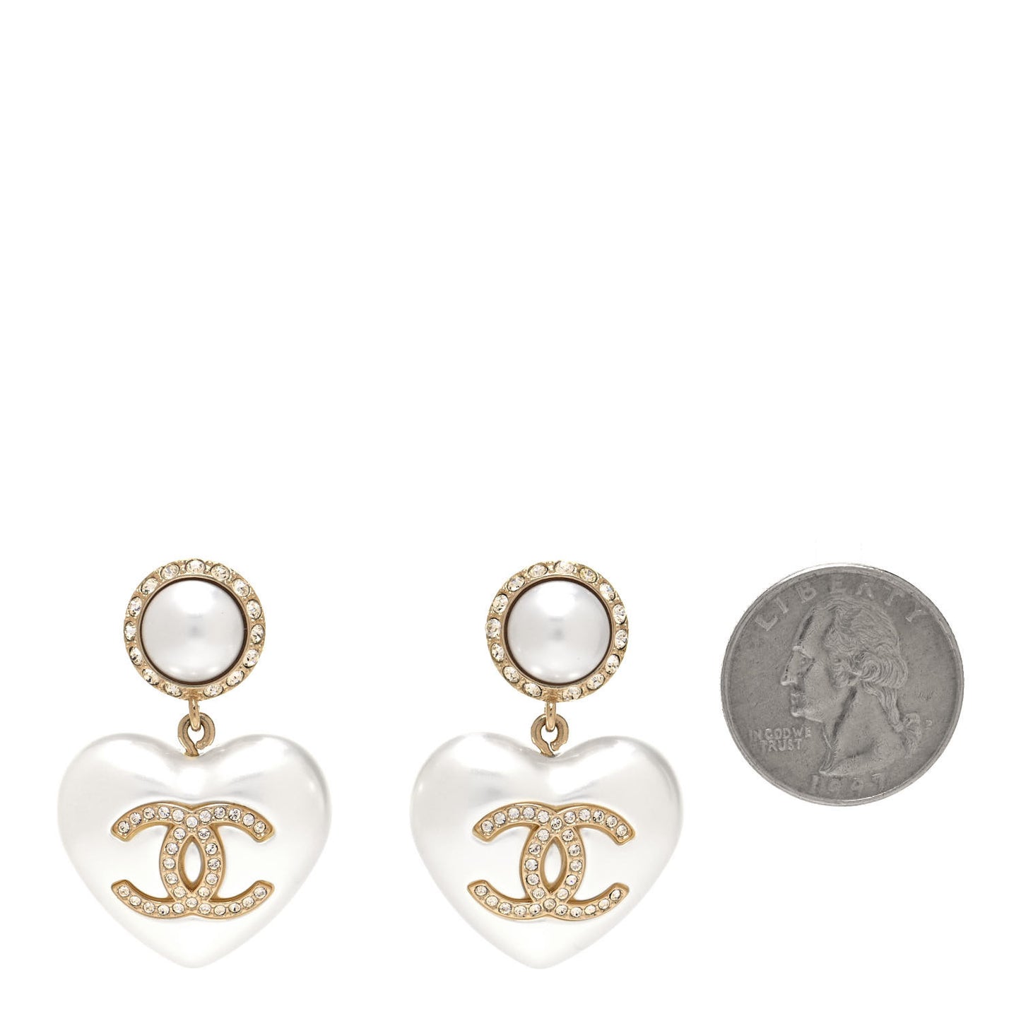 Pearl Crystal CC Heart Drop Earrings Gold