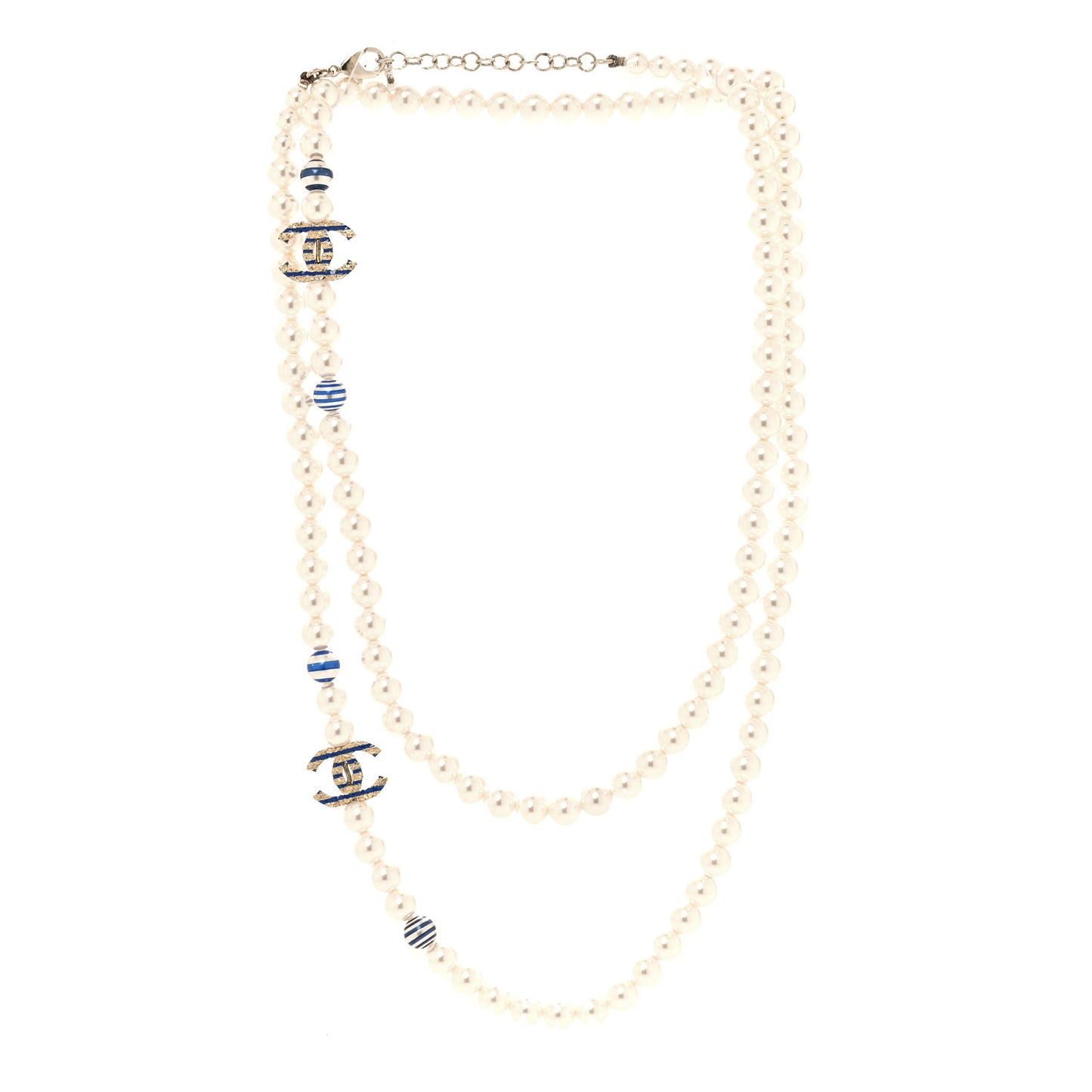 Resin Pearl Striped CC Long Necklace Blue Gold