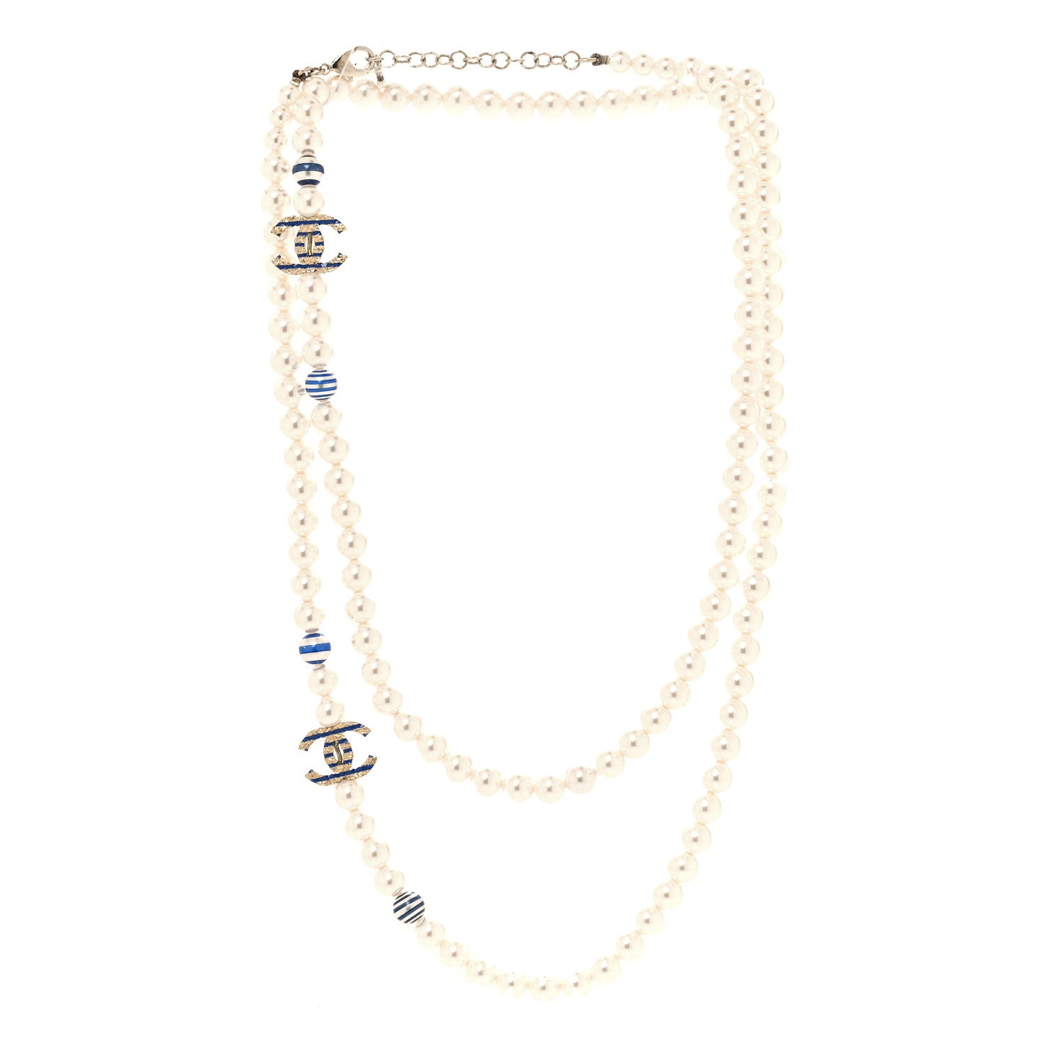 Chanel Resin Pearl Striped CC Long Necklace Blue Gold 3 of 5