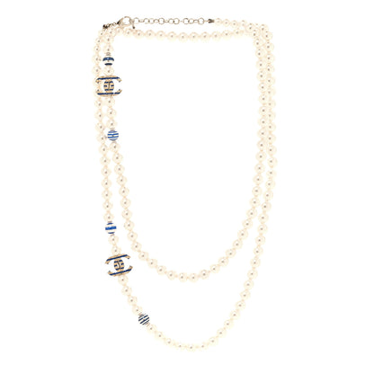Chanel Resin Pearl Striped CC Long Necklace Blue Gold 3 of 5