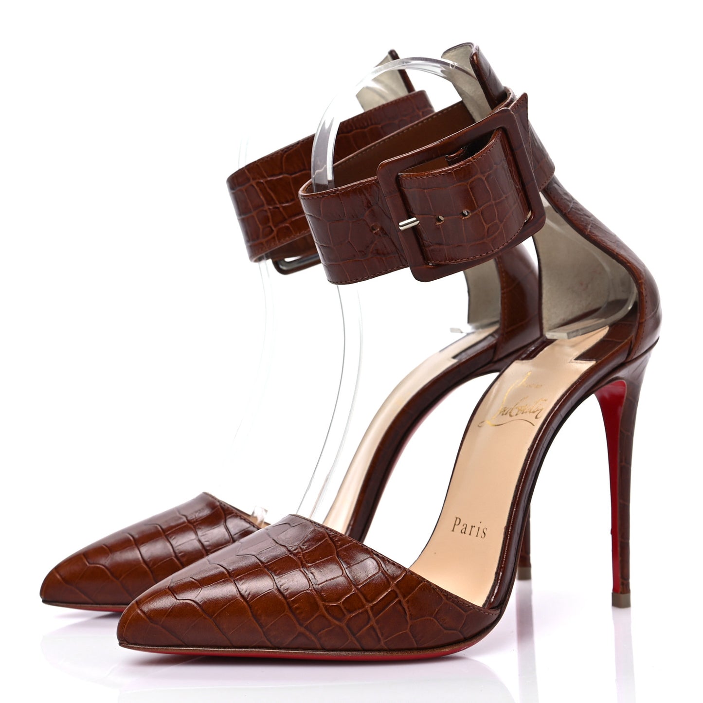Calfskin Crocodile Embossed Harler 100 Ankle Strap Pumps 36 Cuoio