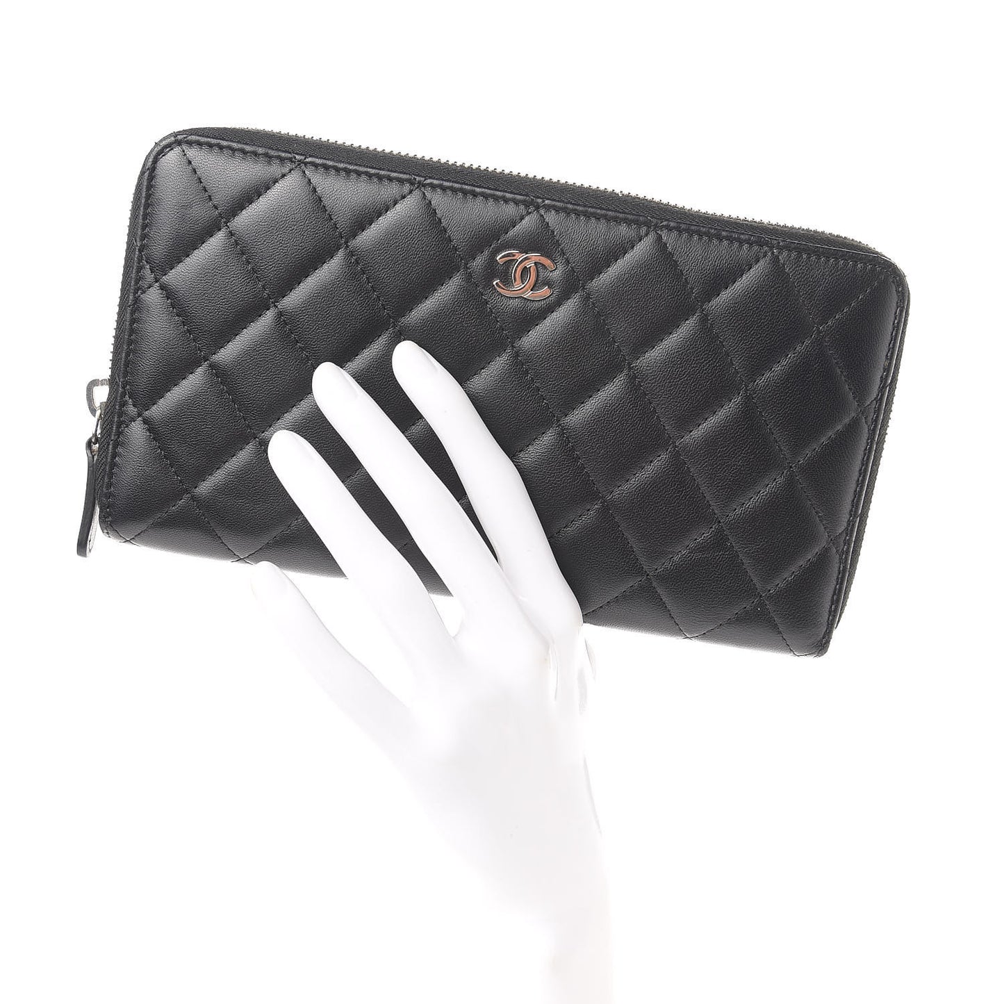 Lambskin Quilted Large Zip Around Organizer Wallet Black