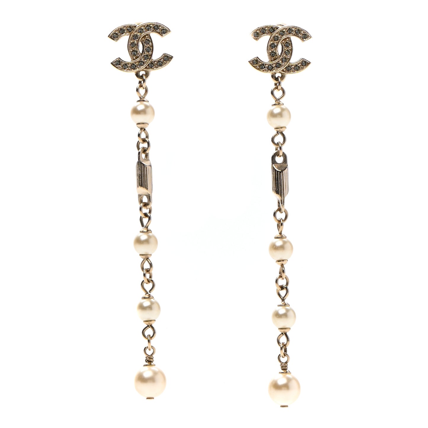 Crystal Pearl CC Long Drop Earrings Gold
