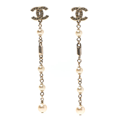Chanel Crystal Pearl CC Long Drop Earrings Gold 1 of 4