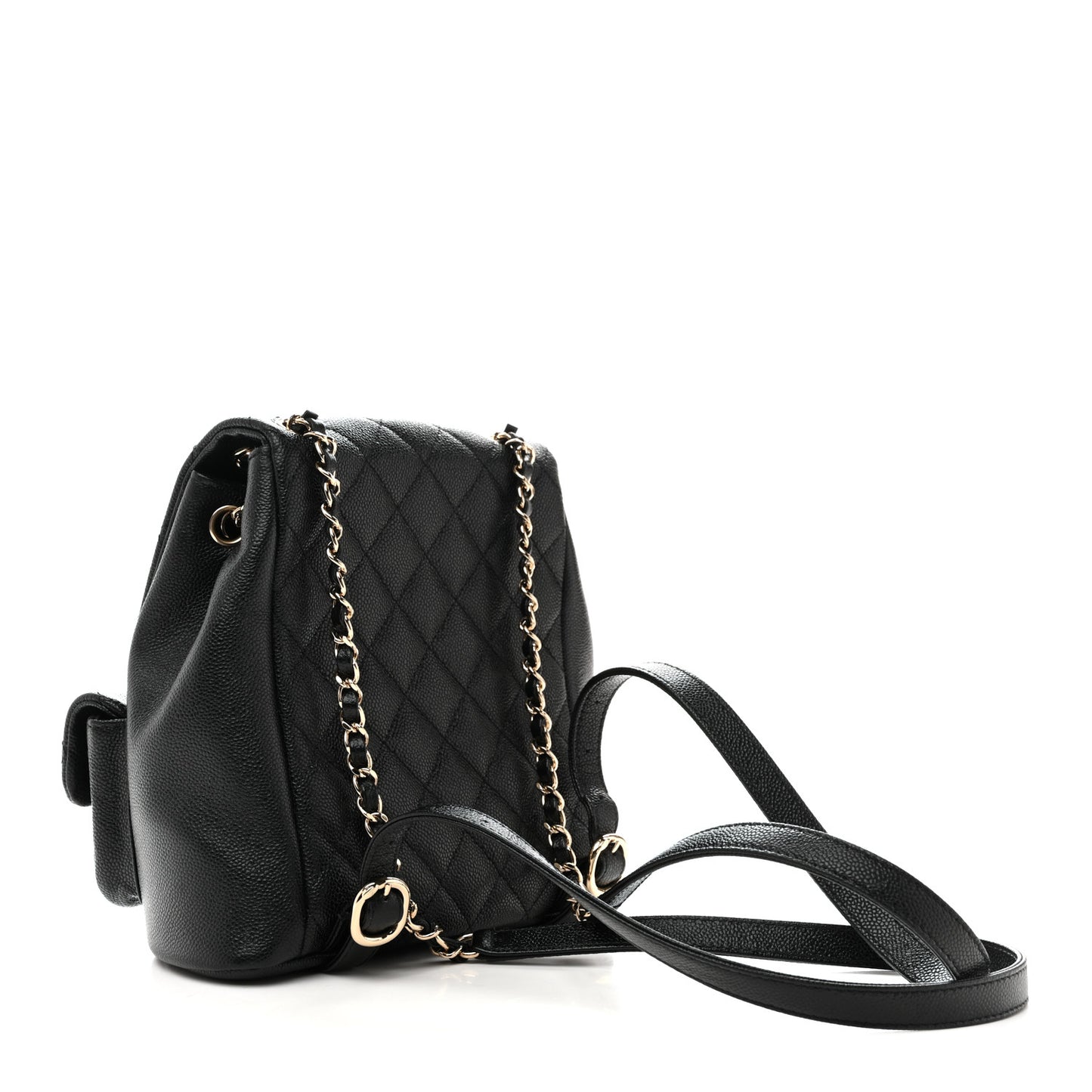 Shiny Caviar Quilted Medium Duma Pockets Drawstring Backpack Black