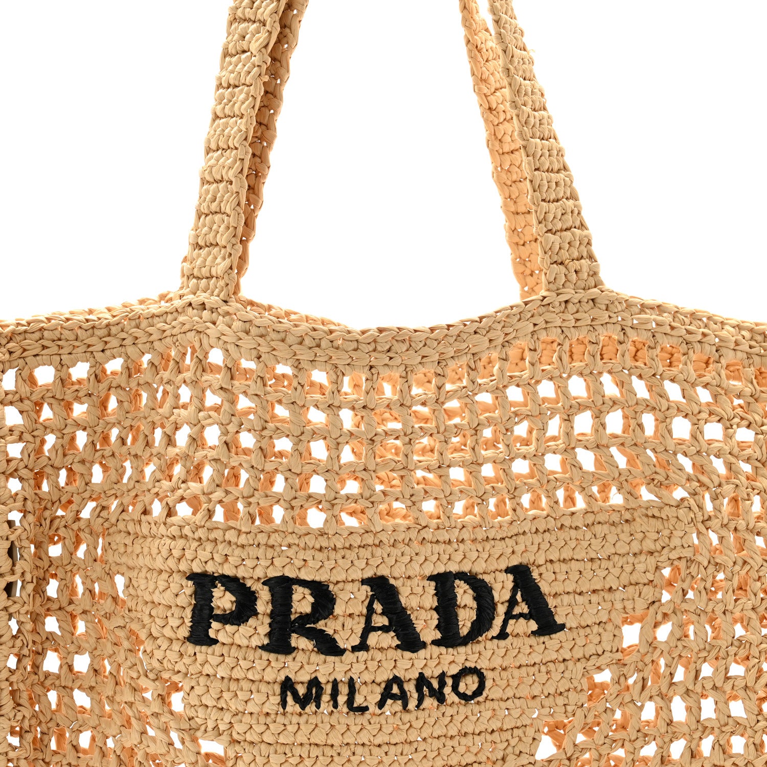 Prada Yarn Raffia Effect Crochet Logo Embroidered Tote Bag Naturale 8 of 12