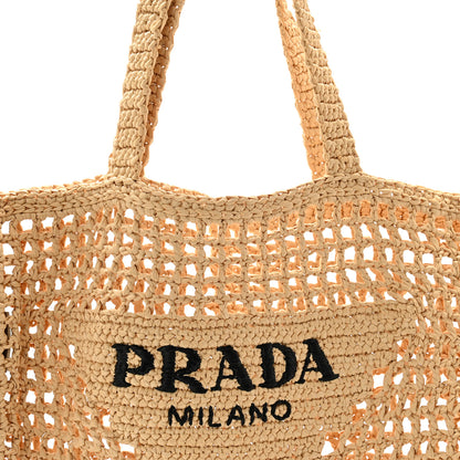 Prada Yarn Raffia Effect Crochet Logo Embroidered Tote Bag Naturale 8 of 12