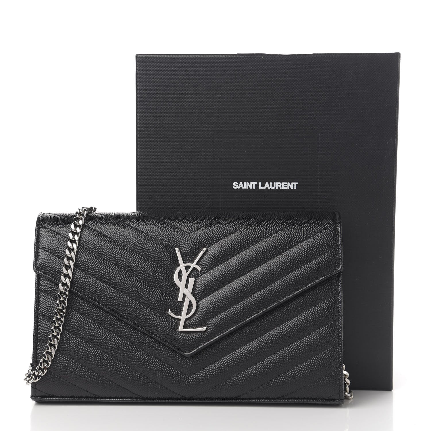 Saint Laurent Grain De Poudre Matelasse Chevron Monogram Chain Wallet Black 9 of 9