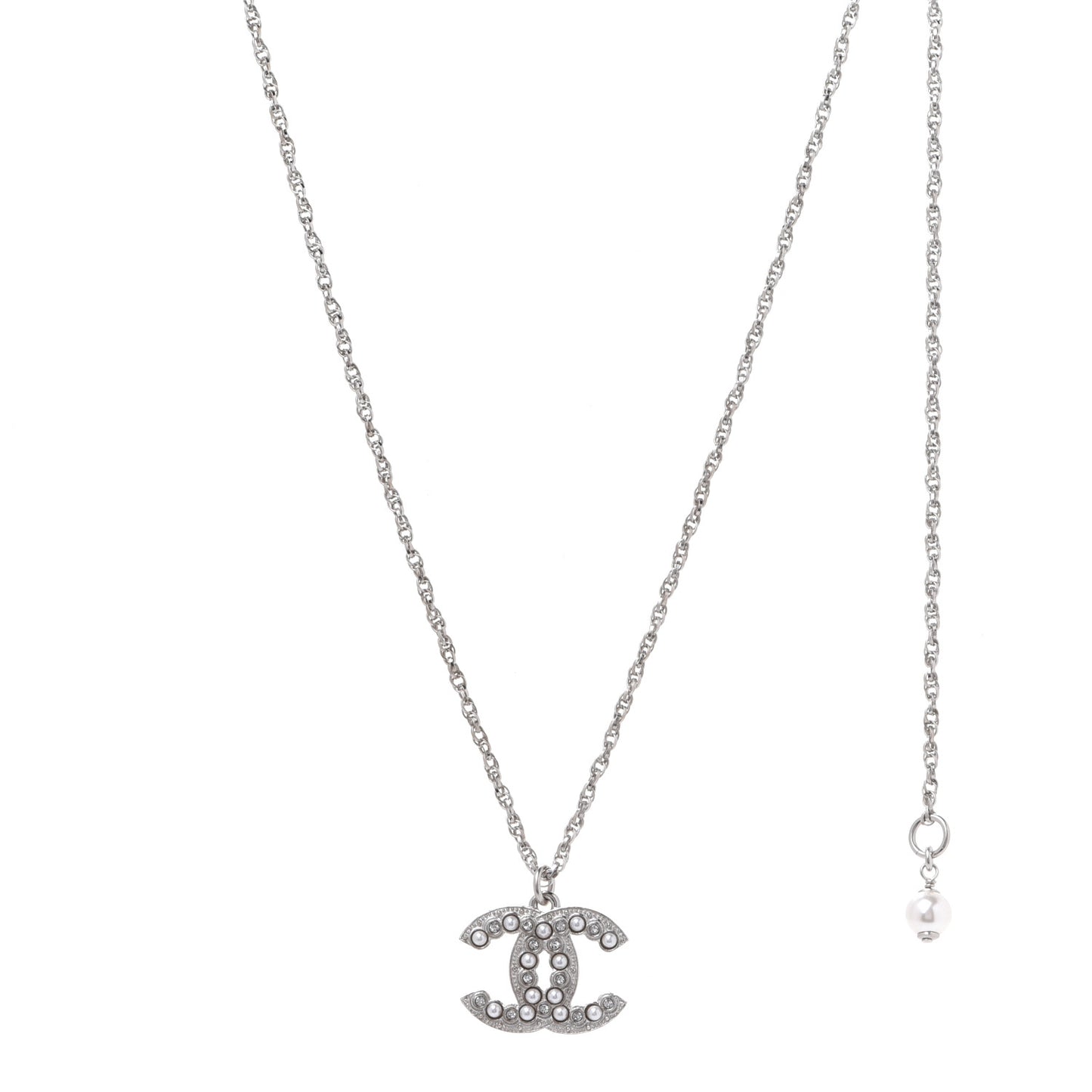 Pearl Crystal CC Pendant Necklace Silver