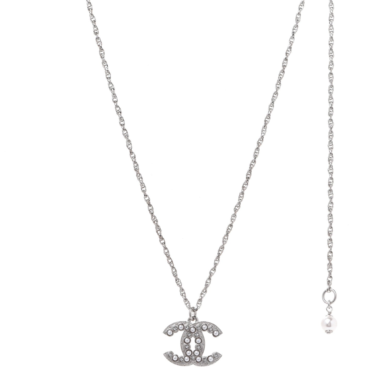 Chanel Pearl Crystal CC Pendant Necklace Silver 1 of 6