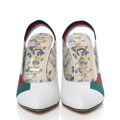 Gucci Calfskin Glitter Web High Heel Slingback Pumps 39 White 2 of 9