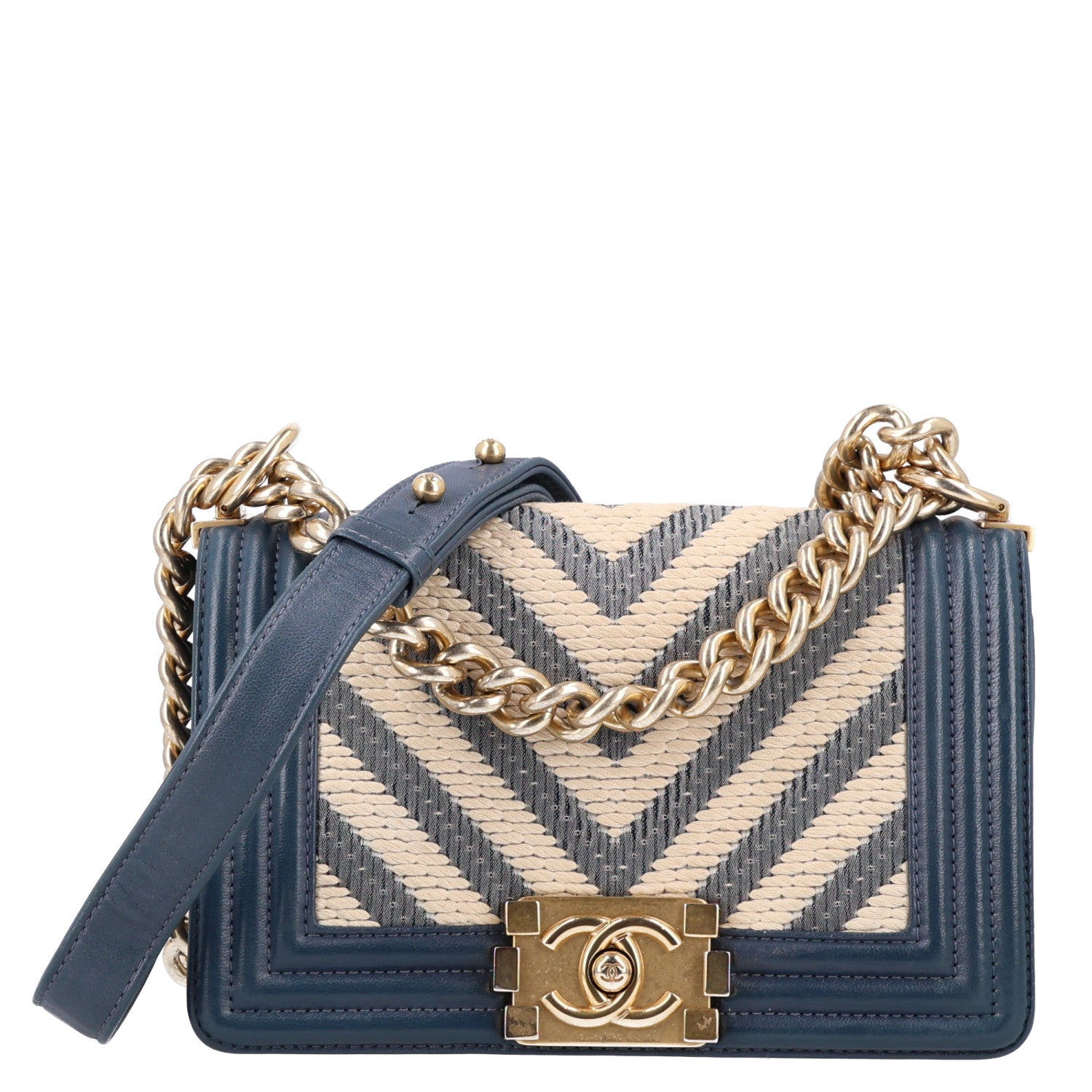 Chanel Fabric Chevron Braided Small Boy Flap Blue Ivory 1 of 10