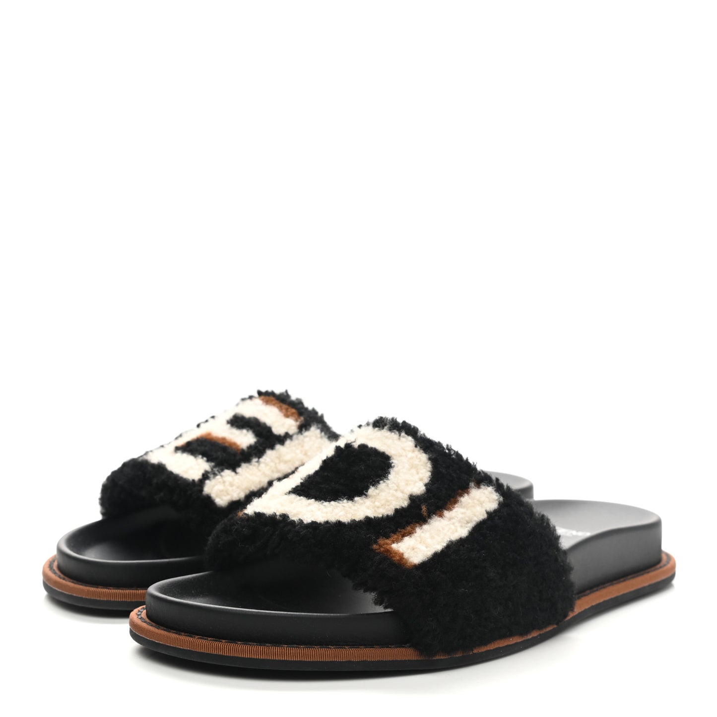 Shearling Logo Slide Sandals 38 Black Latte Brownie
