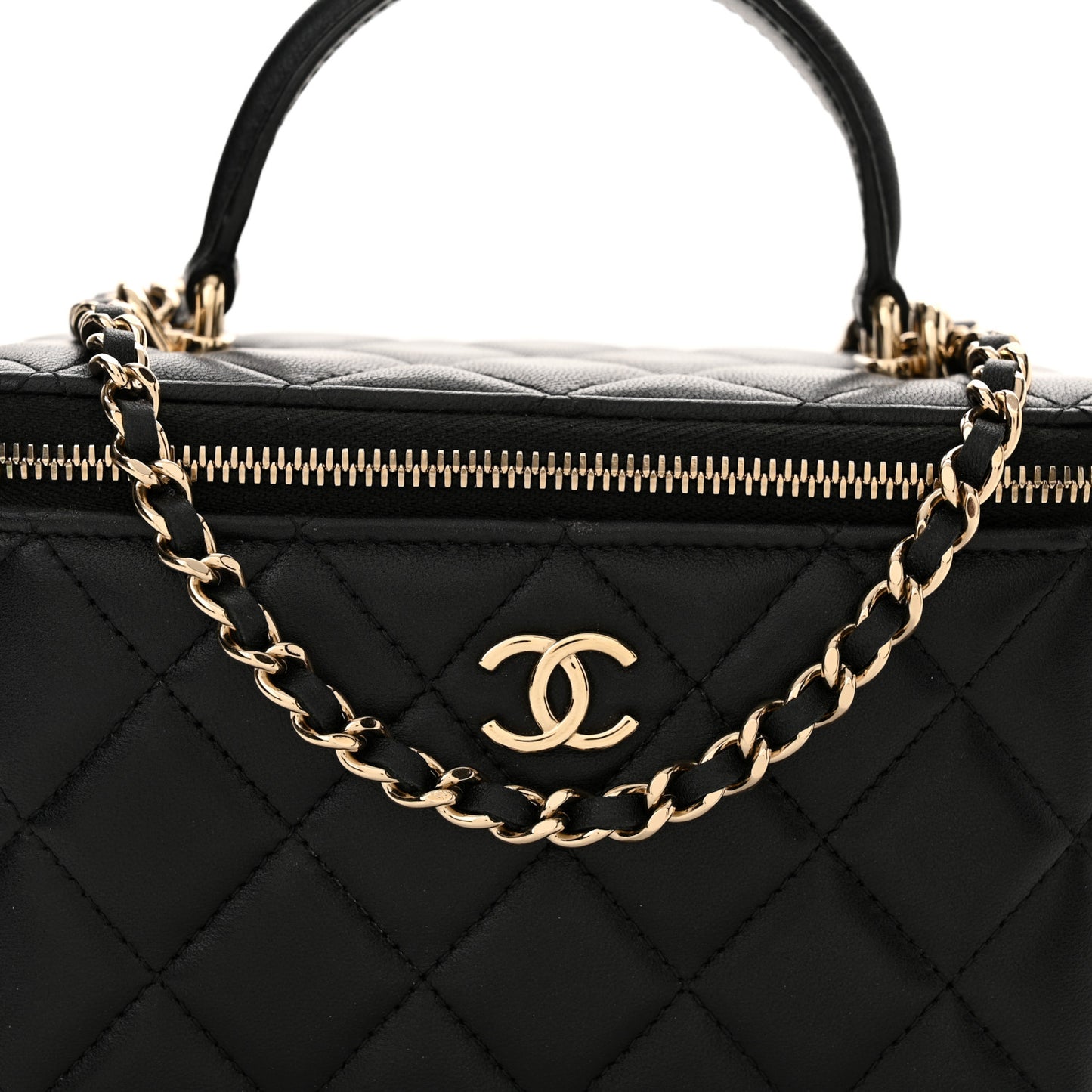 Lambskin Quilted Small Top Handle Vanity Case With Chain Black