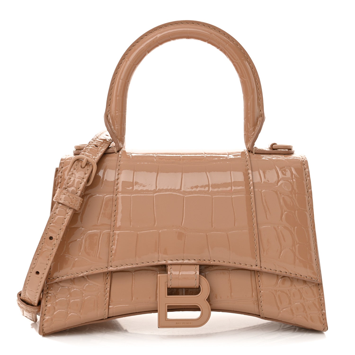 Balenciaga Shiny Calfskin Monochrome Crocodile Embossed Hourglass Top Handle Bag XS Nude Beige 1 of 15