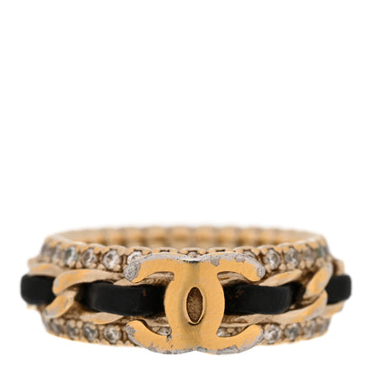 Chanel Metal Crystal Lambskin CC Ring 53/6.5 Gold Black 1 of 7