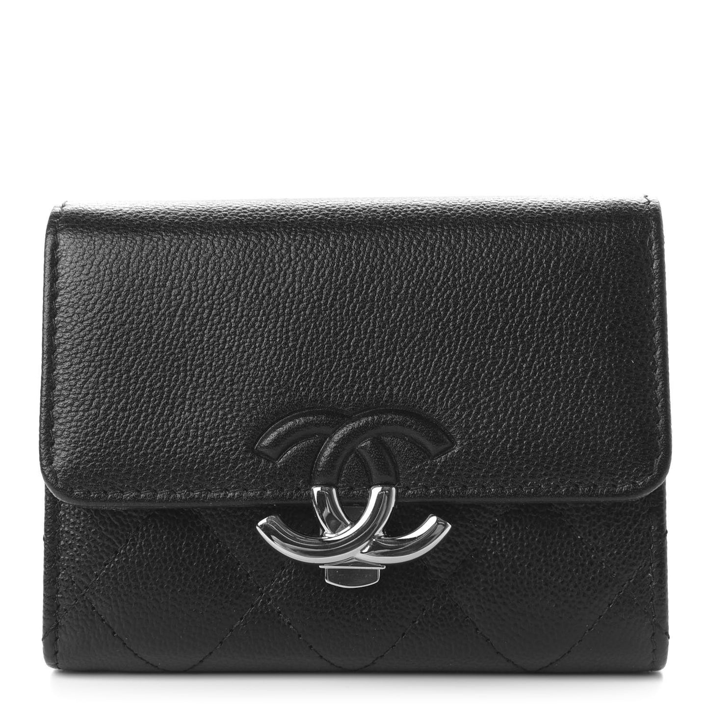 Grained Calfskin Quilted CC Box Compact Flap Wallet Black