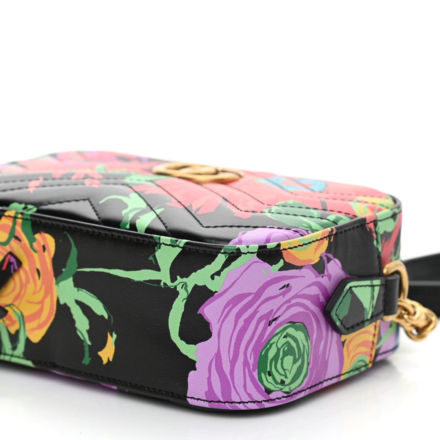 Gucci X KEN SCOTT Calfskin Matelasse Floral Print Mini GG Marmont Chain Shoulder Bag Black Pink 11 of 11