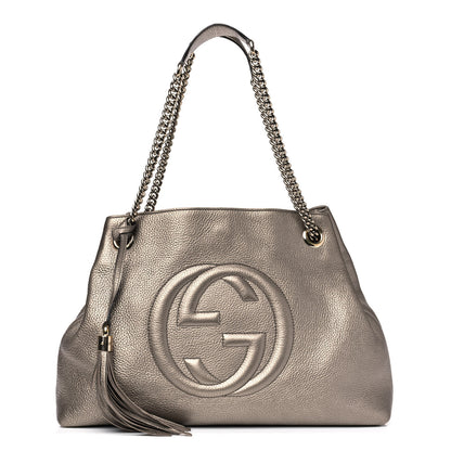 Gucci Metallic Pebbled Calfskin Medium Soho Chain Shoulder Bag Golden Beige 1 of 12