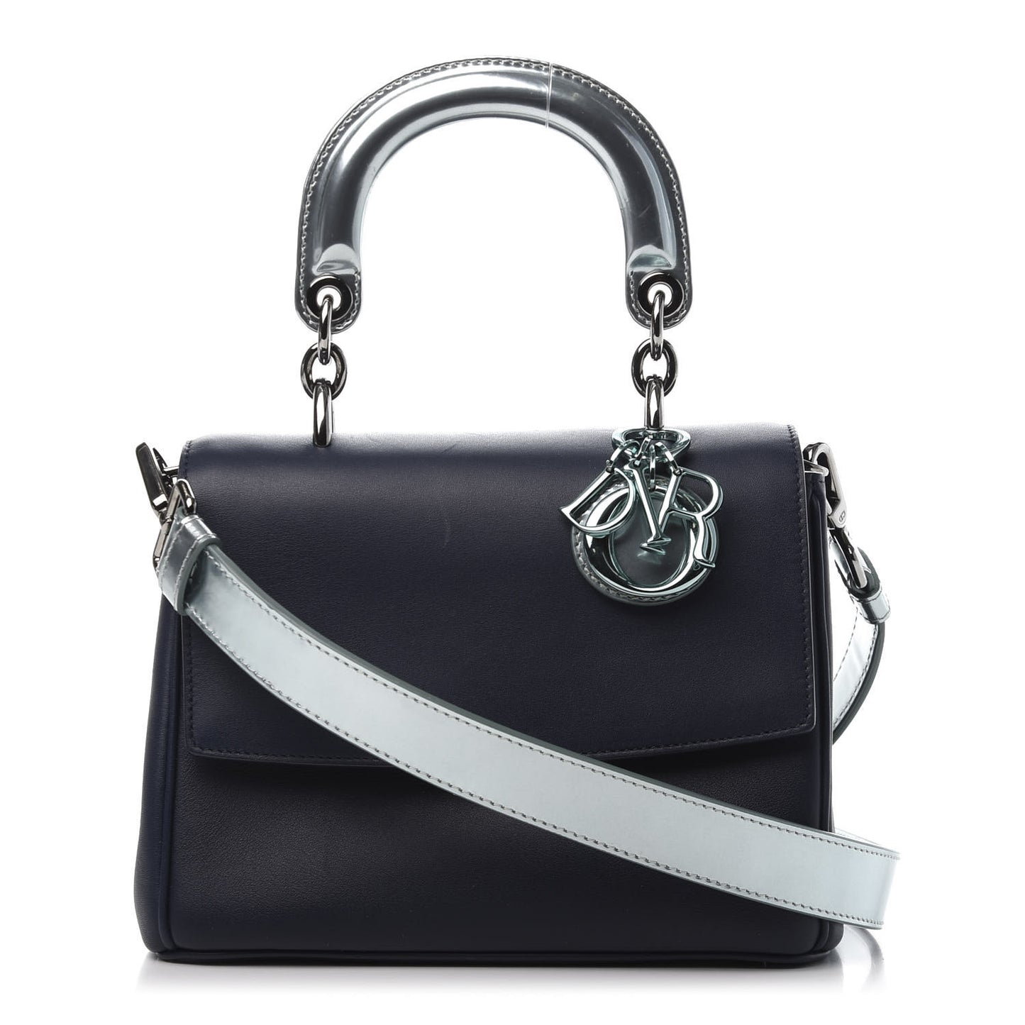 Metallic Patent Smooth Calfskin Mini Be Dior Flap Navy Light Blue