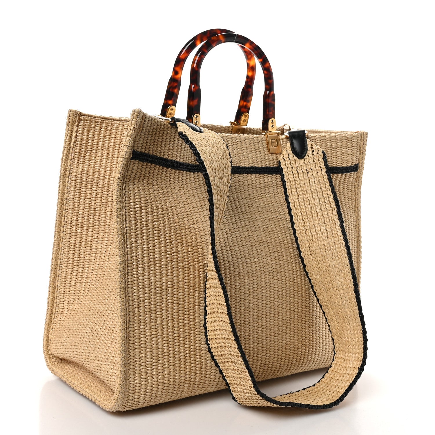 Fendi Straw Vitello King Plexiglass Woven Medium Fendi Sunshine Shopper Tote Natural Black 3 of 10