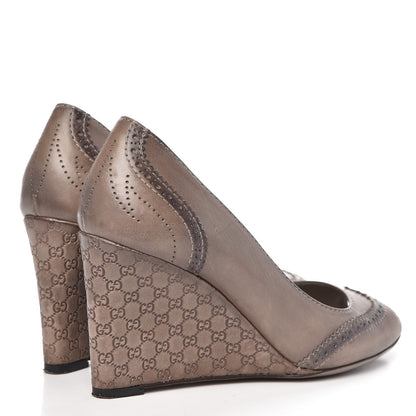 Gucci Saddle Soft Lux Tamponato MIcroguccissima Peep Toe Wedges 38.5 New Fango 4 of 19