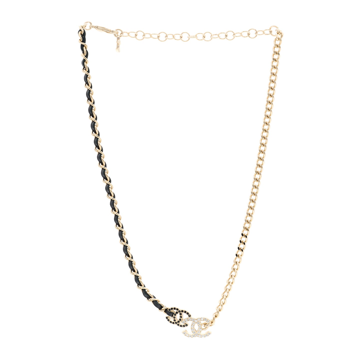 Metal Calfskin Crystal Double CC Short Necklace Black Gold