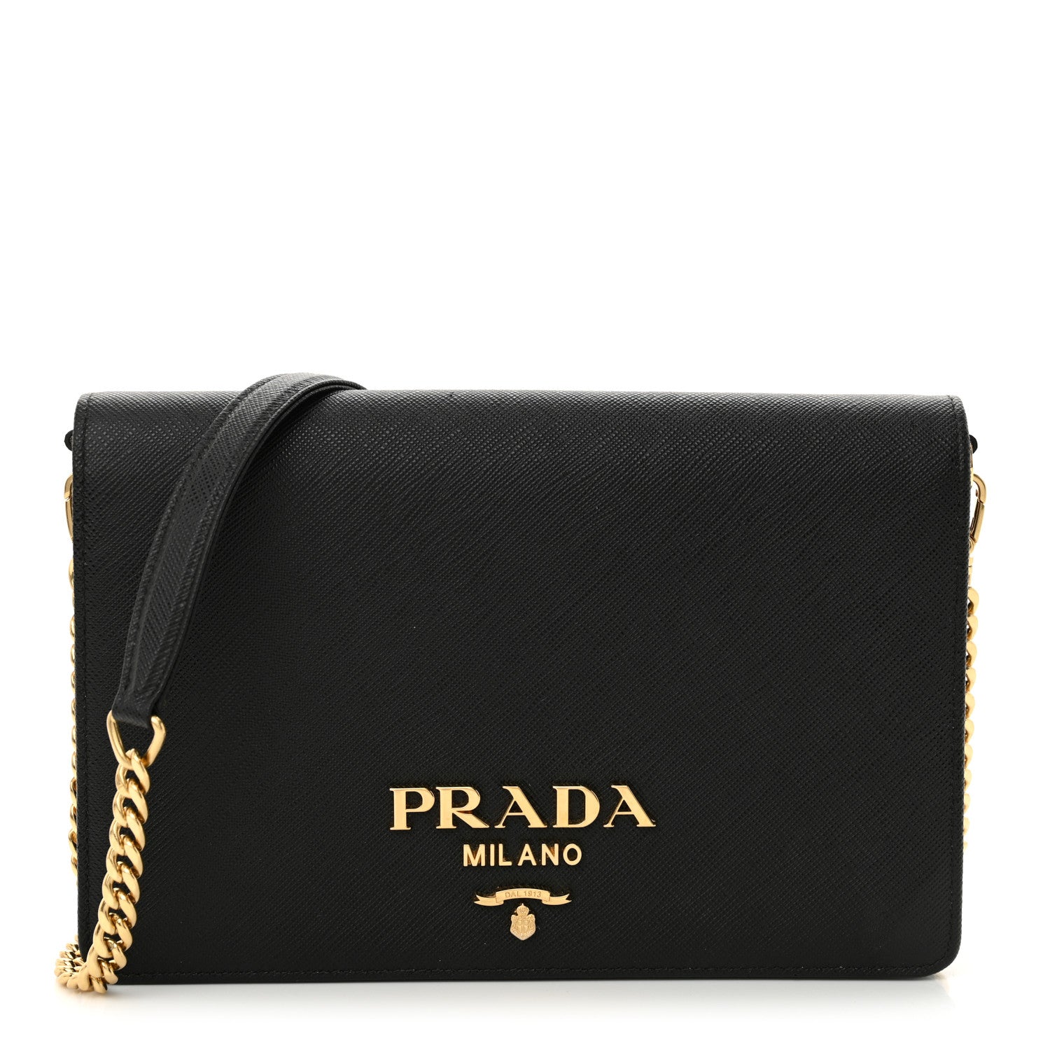 Prada Saffiano Lux Metal Logo Mini Chain Flap Crossbody Bag Black 1 of 13