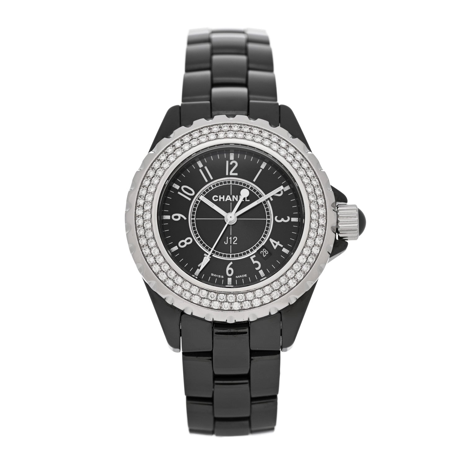 Chanel Stainless Steel Ceramic Diamond Pave Bezel 33mm J12 Quartz Watch Black 1 of 5