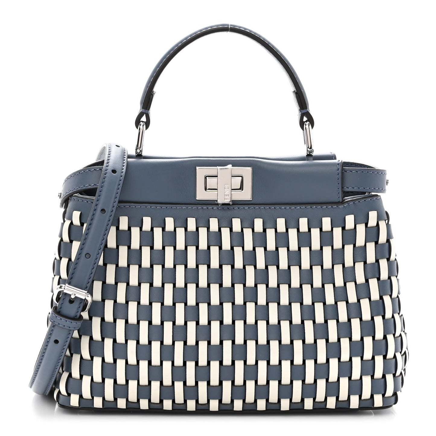 Calfskin Woven Mini Peekaboo Iconic Satchel Mirto White Ice
